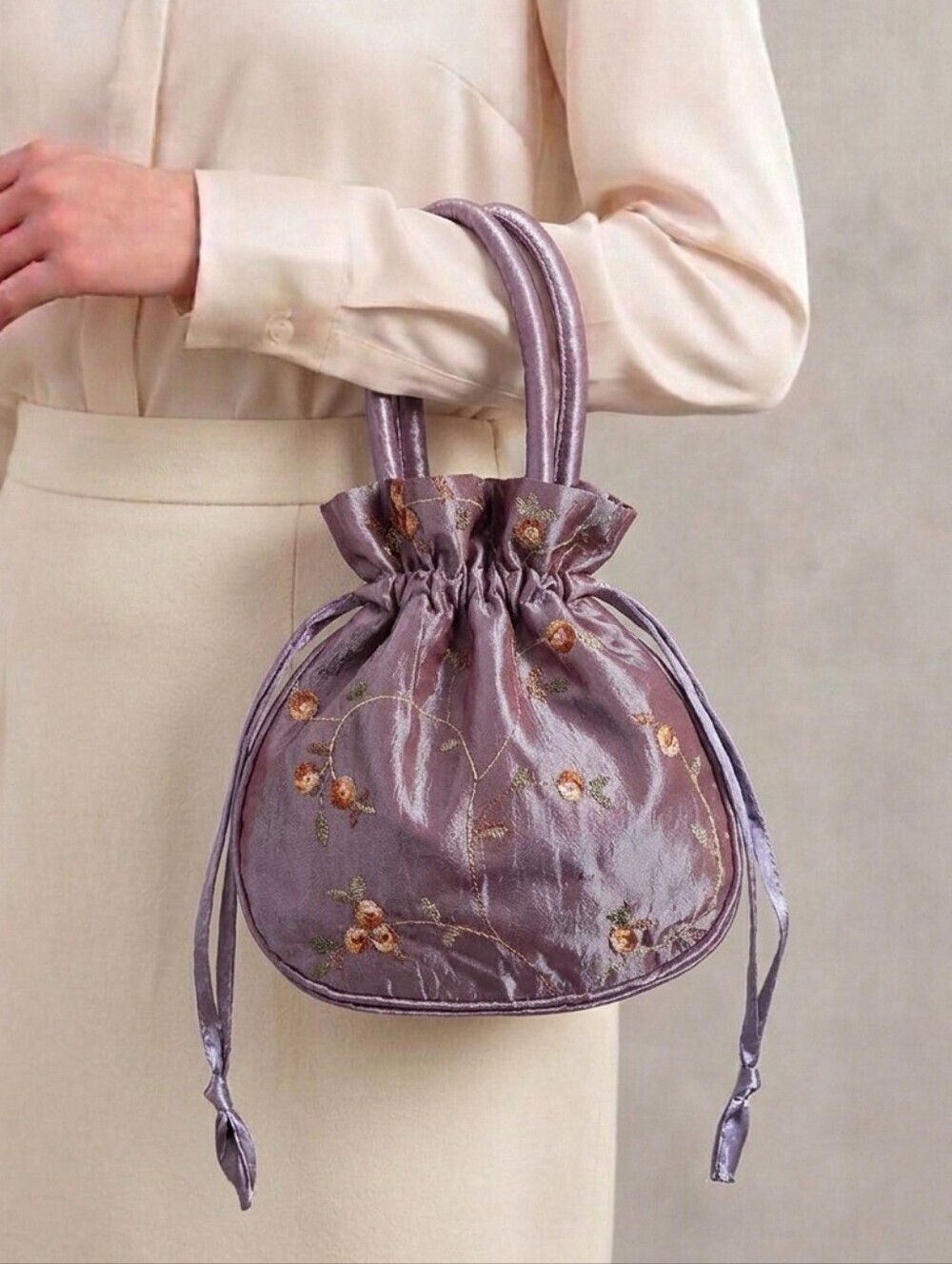 Embroidered Floral Satin Drawstring Evening Bag Mini Potli Wristlet Pouch NWT